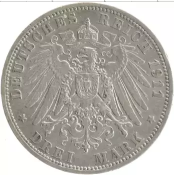 Монета 3 марки Германии 1911 года Серебро Вильгельм II