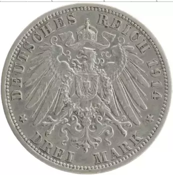 Монета 3 марки Германии 1914 года Серебро Вильгельм II