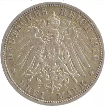 Монета 3 марки Любека 1910 года Серебро А