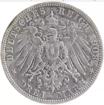 Монета 3 марки Пруссии 1908 года Серебро Вильгельм II