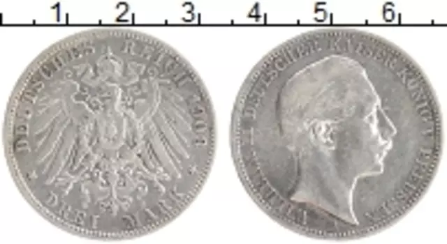 Монета 3 марки Пруссии 1908 года Серебро Вильгельм II