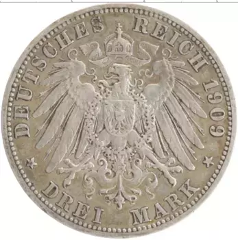 Монета 3 марки Пруссии 1909 года Серебро Вильгельм II