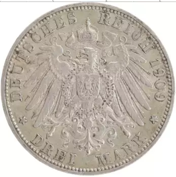 Монета 3 марки Пруссии 1909 года Серебро Вильгельм II