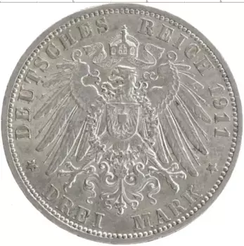 Монета 3 марки Пруссии 1911 года Серебро А