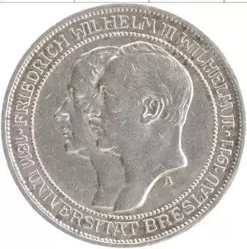 Монета 3 марки Пруссии 1911 года Серебро 100 лет Университету Бреслау