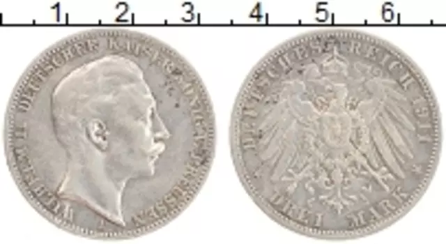Монета 3 марки Пруссии 1911 года Серебро А