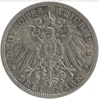 Монета 3 марки Пруссии 1913 года Серебро 25 лет правления Вильгельма II