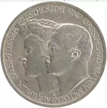 Монета 3 марки Саксонии 1910 года Серебро Бракосочетание Вильгельма Эрнеста и Феодоры