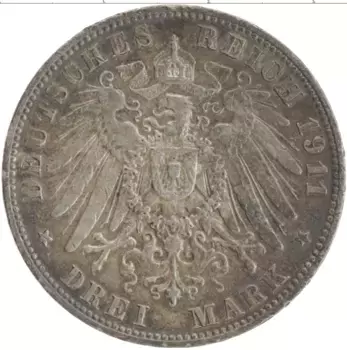 Монета 3 марки Саксонии 1911 года Серебро Е