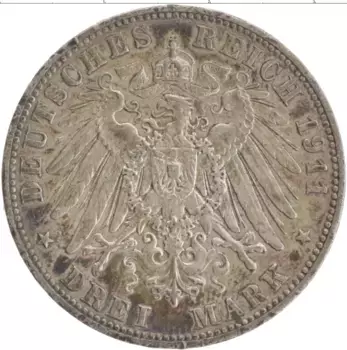 Монета 3 марки Саксонии 1911 года Серебро Е