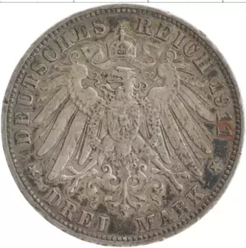 Монета 3 марки Саксонии 1911 года Серебро Е