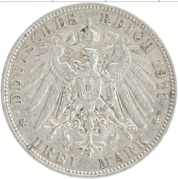 Монета 3 марки Саксонии 1911 года Серебро Е