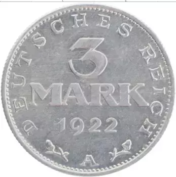 Монета 3 марки Веймарской республики 1922 года Алюминий А
