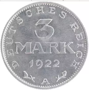 Монета 3 марки Веймарской республики 1922 года Алюминий А