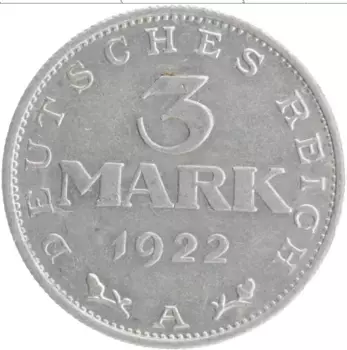 Монета 3 марки Веймарской республики 1922 года Алюминий А