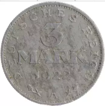 Монета 3 марки Веймарской республики 1922 года Алюминий А