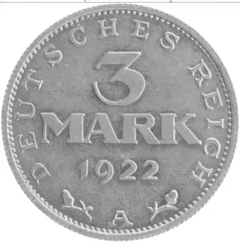 Монета 3 марки Веймарской республики 1922 года Алюминий А