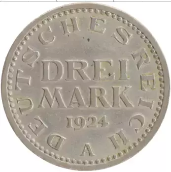 Монета 3 марки Веймарской республики 1924 года Серебро А