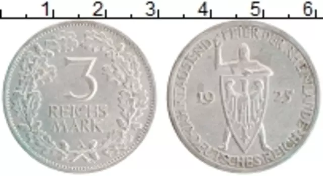 Монета 3 марки Веймарской республики 1925 года Серебро А 1000 летие Рейнланда