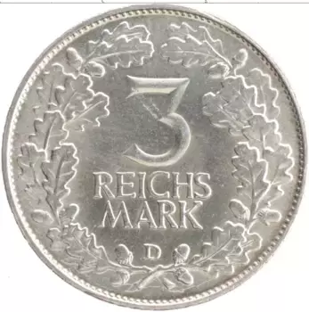 Монета 3 марки Веймарской республики 1925 года Серебро D