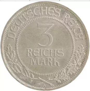 Монета 3 марки Веймарской республики 1926 года Серебро А