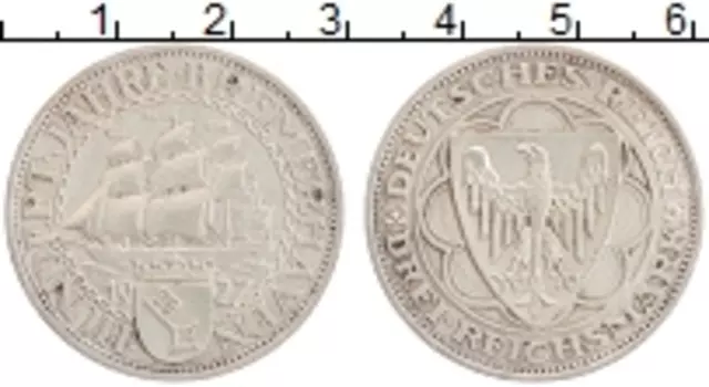 Монета 3 марки Веймарской республики 1927 года Серебро А