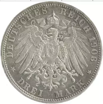 Монета 3 марки Вюртемберга 1908 года Серебро F
