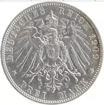 Монета 3 марки Вюртемберга 1909 года Серебро F