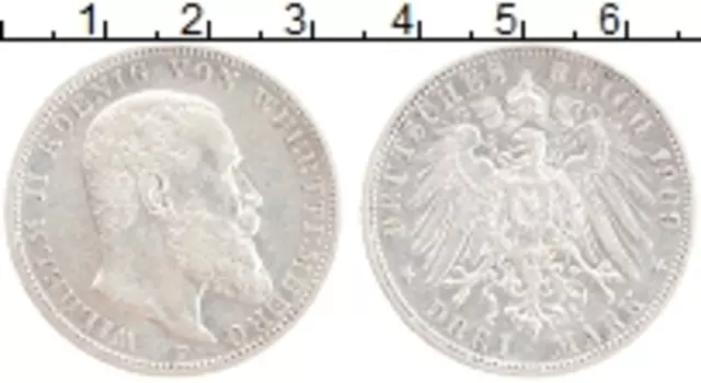 Монета 3 марки Вюртемберга 1909 года Серебро F Вильгельм II