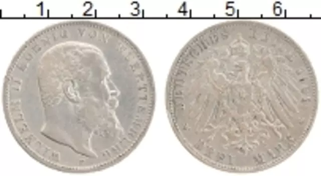 Монета 3 марки Вюртемберга 1909 года Серебро Вильгельм II F