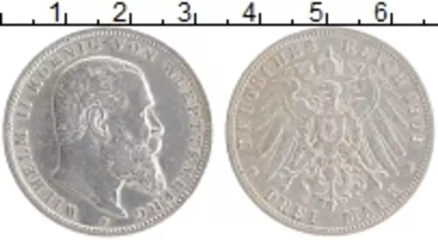 Монета 3 марки Вюртемберга 1909 года Серебро Вильгельм II F