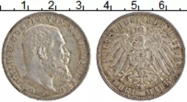 Монета 3 марки Вюртемберга 1912 года Серебро F