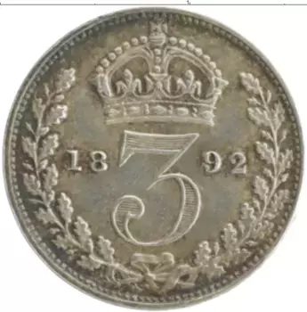 Монета 3 пенса Англии 1892 года Серебро Виктория