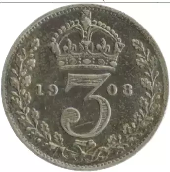 Монета 3 пенса Англии 1908 года Серебро Эдуард VII