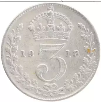 Монета 3 пенса Англии 1918 года Серебро Георг V