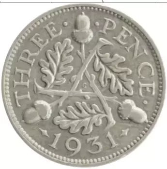 Монета 3 пенса Англии 1931 года Серебро Георг VI