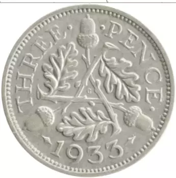 Монета 3 пенса Англии 1933 года Серебро Георг V