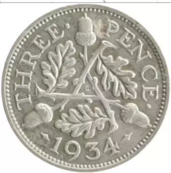Монета 3 пенса Англии 1934 года Серебро Георг V