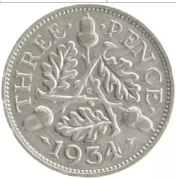 Монета 3 пенса Англии 1934 года Серебро Георг V