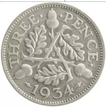 Монета 3 пенса Англии 1934 года Серебро Георг V