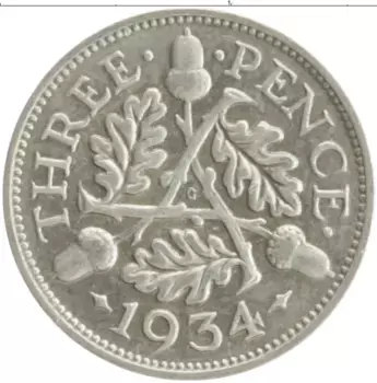 Монета 3 пенса Англии 1934 года Серебро Георг V