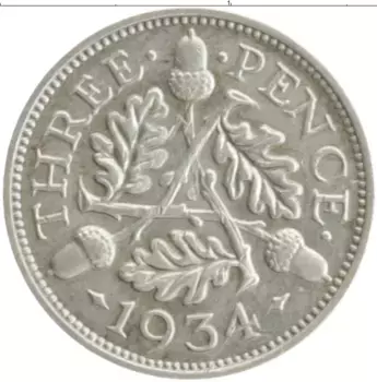 Монета 3 пенса Англии 1934 года Серебро Георг V