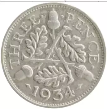 Монета 3 пенса Англии 1934 года Серебро Георг VI