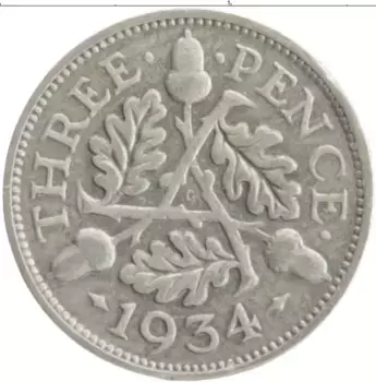 Монета 3 пенса Англии 1934 года Серебро Георг VI