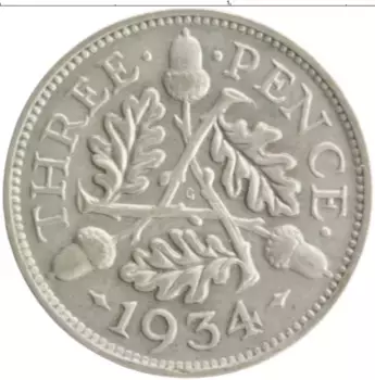 Монета 3 пенса Англии 1934 года Серебро Георг VI