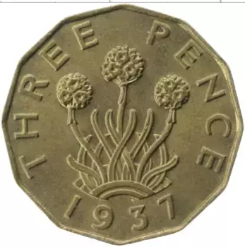 Монета 3 пенса Англии 1937 года Латунь Георг VI