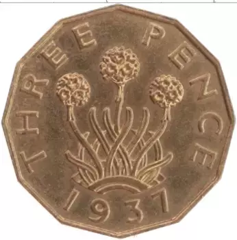 Монета 3 пенса Англии 1937 года Латунь Георг VI