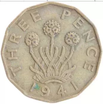 Монета 3 пенса Англии 1941 года Латунь Георг VI