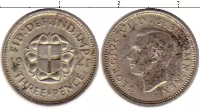 Монета 3 пенса Англии 1941 года Серебро Георг VI