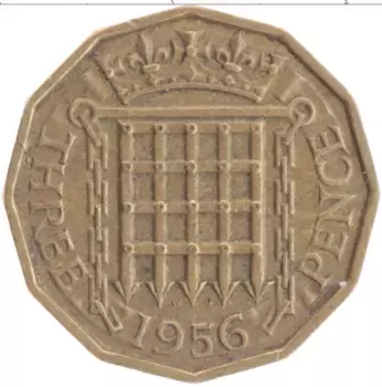 Монета 3 пенса Англии 1956 года Латунь Елизавета II
